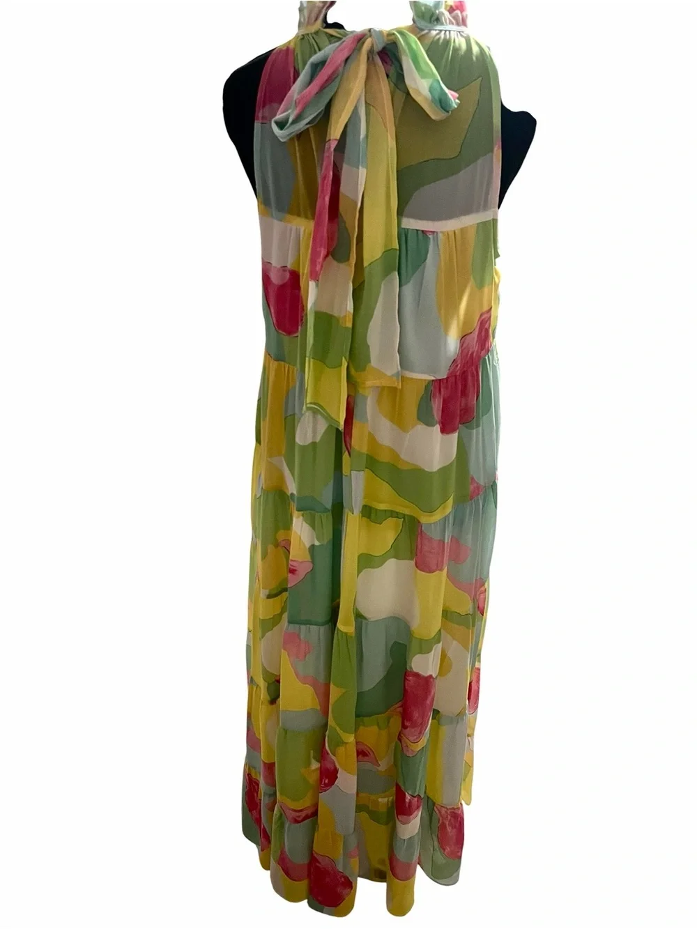 entro Sleeveless Tiered Watercolor Maxi Dress - Lime Green, Yellow & Pink Size S - Picture 3 of 6